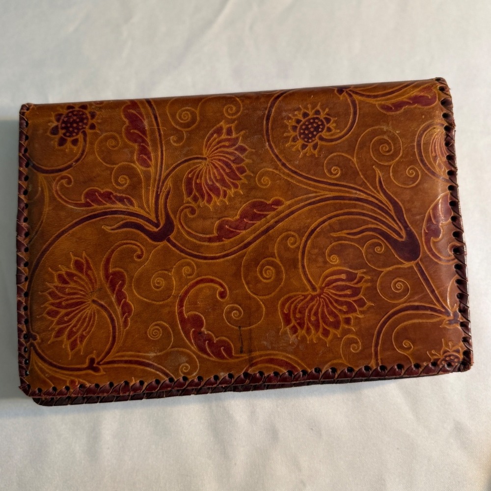 Vintage Tooled Leather Floral Clutch Wallet Brown Whipstitch Accordion